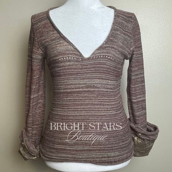 Brown Sweater Long Sleeve Gold Foiled Fold Back Cuffs ALT ASO Monica Lorelai - Picture 6 of 10